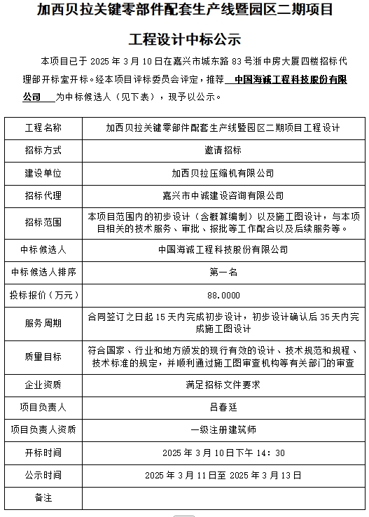 加西贝拉关键零部件配套生产线暨园区二期项目工程设计中标公示